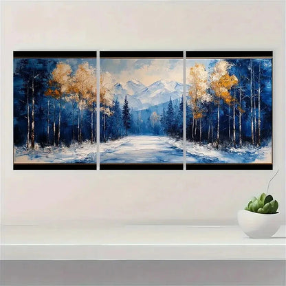 3pcs Handmade Painting Forest Snow Scene Metal Print Ready to Hang Art