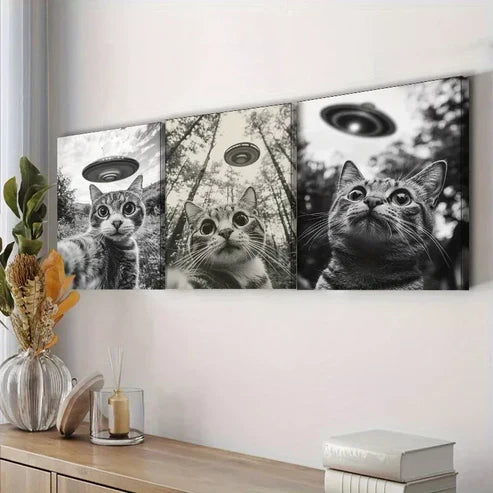 3pcs Cat Capturing A Selfie With A UFO Wall Art Set Canvas Unframed - High Quality Print 100% Australian Made Wall Canvas