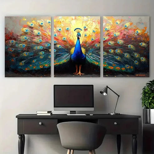 3pcs Enchanting Peacock Bird Impasto Design Wall Art Canvas Unframed - High Quality Print 100% Australian Made Wall Canvas