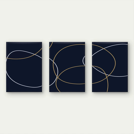 3pcs Navy Blue and Gold Intersecting Line Art Wall Art Set Canvas Framed 60x90cm - High Quality Print 100% Australian Made Wall Canvas Ready to Hang