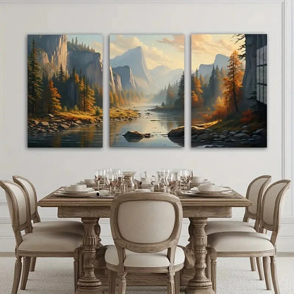 3pcs Mountain Peaks Forest River Sunset Metal Print Ready to Hang Art - Bella Home Decor