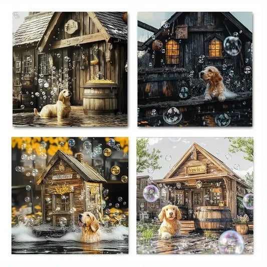 4pcs Vintage Golden Retriever in Bathtub Wall Art Canvas Framed