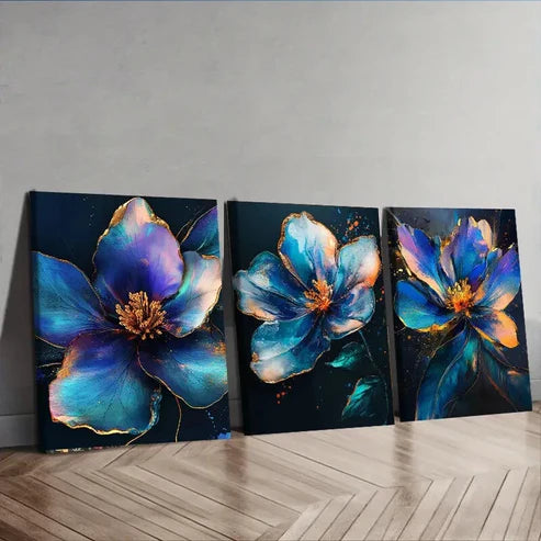 3pcs Colorful Metallic Flowers Nature Blue Wall Art Set Canvas Unframed - High Quality Print 100% Australian Made Wall Canvas - Bella Home Decor