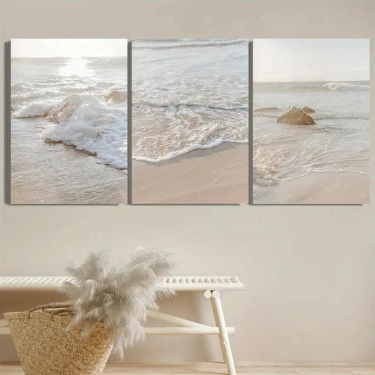 3pcs minimalism, modern art, beach and waves Metal Print Ready to Hang Art