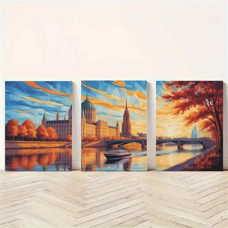 3pcs Cityscape Panels with Autumn Trees Metal Print Ready to Hang Art - Bella Home Decor