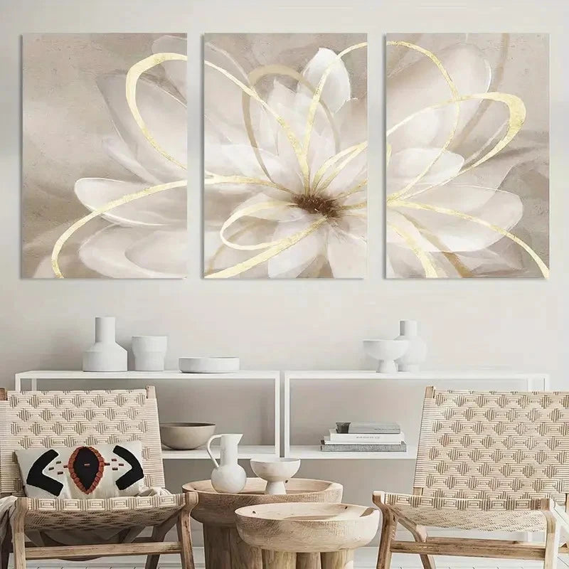 3pcs Painting Kureful White Floral Wall Art Metal Print Ready to Hang Art - Bella Home Decor