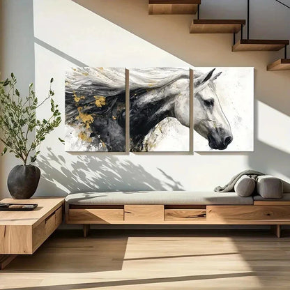 3pcs Abstract Horse Art White Mane Black Body Metal Print Ready to Hang Art - Bella Home Decor