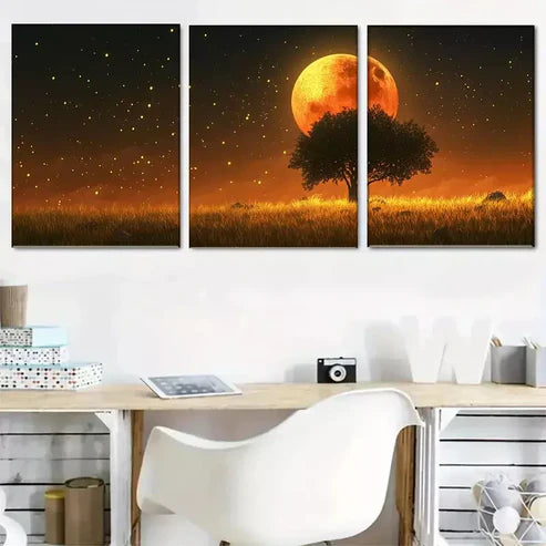 3 PCS Enchanted Moonlit Meadow Wrapped Wall Art Set Canvas Unframed - High Quality Print 100% Australian Made Wall Canvas