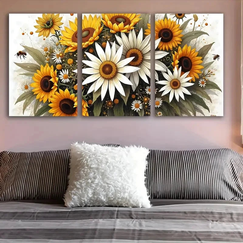 3pcs Sunflower Artwork Wall Art Set Canvas Framed 60x90cm - High Quality Print 100% Australian Made Wall Canvas Ready to Hang