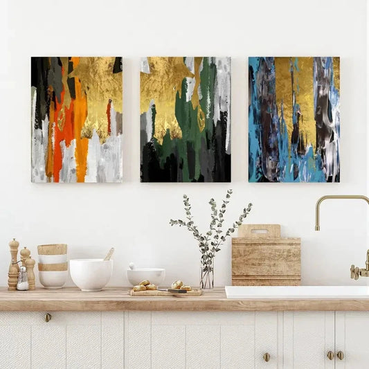3pcs Abstract Wall Art with Golden Textures Metal Print Ready to Hang Art