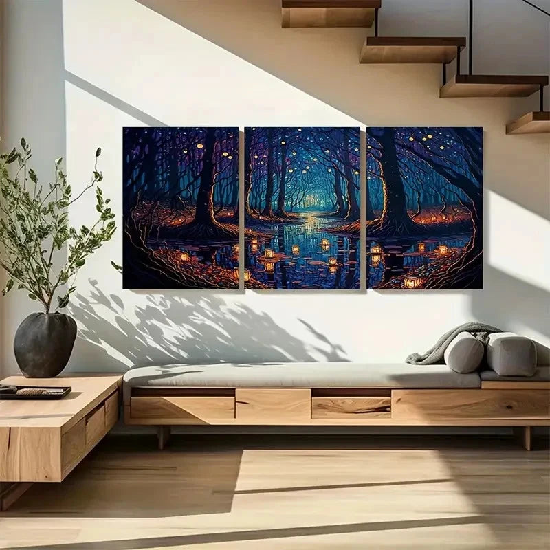 3pcs Fantasy Forest Floating Lanterns Metal Print Ready to Hang Art
