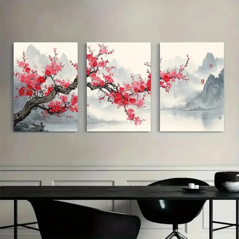 3pcs Plum Blossom Tree with Pink Flowers Metal Print Ready to Hang Art - Bella Home Decor