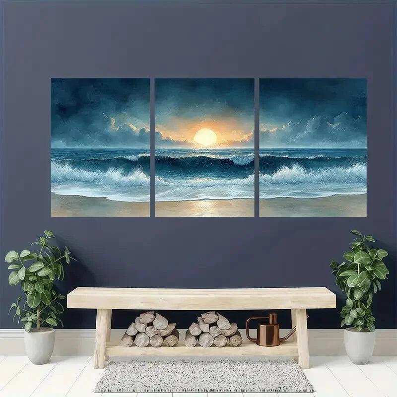 3pcs Ocean Beach Watercolor Art Seascape Paintings Metal Print Ready to Hang Art - Bella Home Decor