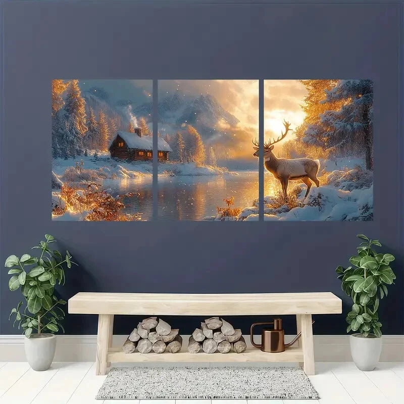 3pcs Landscape with Cozy Cabin & Majestic Stag Wall Art Set Canvas Framed 60x90cm - High Quality Print 100% Australian Made Wall Canvas Ready to Hang - Bella Home Decor