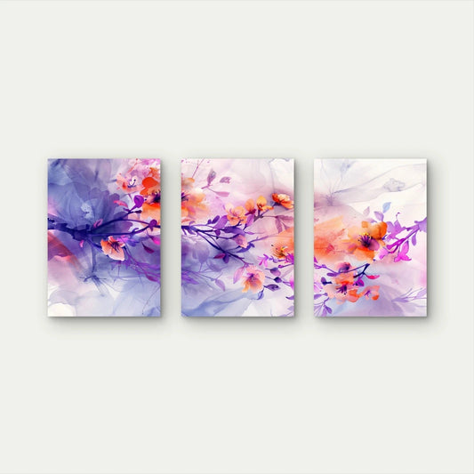 3pcs Vibrant Purple Orange Watercolor Floral Wall Art Set Canvas Framed 60x90cm - High Quality Print 100% Australian Made Wall Canvas Ready to Hang - Bella Home Decor