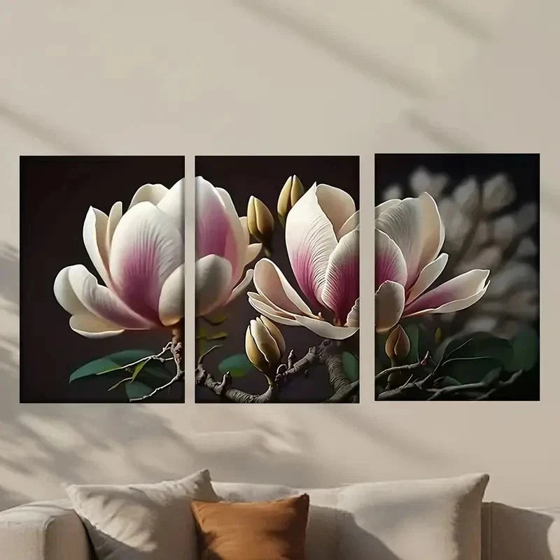 3pcs Magnolia Flowers with Pink Accents Wall Art Set Canvas Framed 50x70cm - High Quality Print 100% Australian Made Wall Canvas Ready to Hang