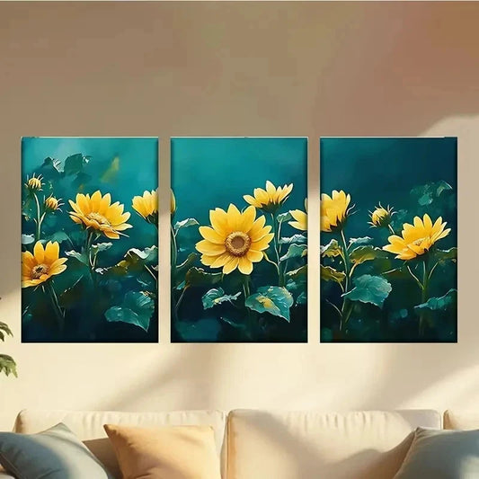 3pcs Yellow Flowers on a Blue Background Wall Art Set Canvas Framed 40x60cm - High Quality Print 100% Australian Made Wall Canvas Ready to Hang