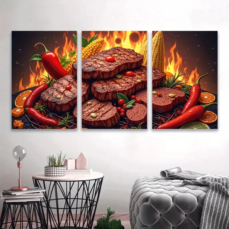 3pcs Grilled Steak With Peppers And Citrus Wall Art Set Canvas Framed 60x90cm - High Quality Print 100% Australian Made Wall Canvas Ready to Hang