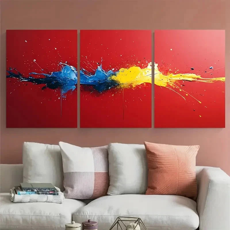 3pcs Abstract Splatter Neon Yellow Blue Red Paint Metal Print Ready to Hang Art - Bella Home Decor