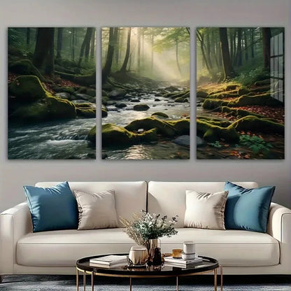 3pcs Delightful Forest Creek Flowing Water Metal Print Ready to Hang Art - Bella Home Decor