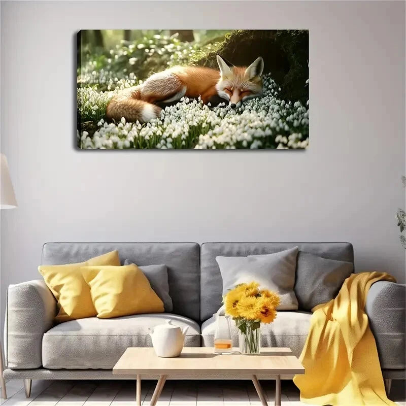 Fox Sleeping Among Flowers Wall Art Canvas Office Home Room Framed 120x60cm - Bella Home Decor