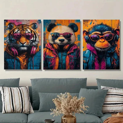 3pcs Animals wearing glasses and headphones Wall Art Set Canvas Unframed - High Quality Print 100% Australian Made Wall Canvas - Bella Home Decor