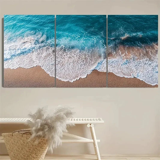 3pcs Blue Beach and Ocean Waves Wall Art Set Canvas Framed 60x90cm - High Quality Print 100% Australian Made Wall Canvas Ready to Hang