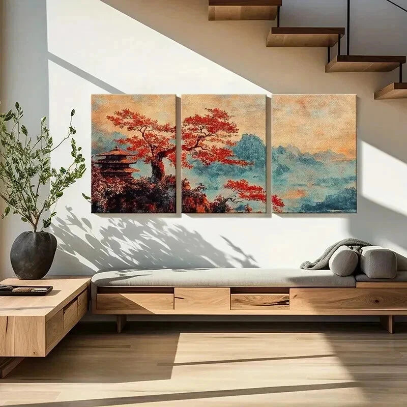 3pcs Autumn Landscape Red Maple Tree Wall Art Set Canvas Framed 50x70cm - High Quality Print 100% Australian Made Wall Canvas Ready to Hang - Bella Home Decor