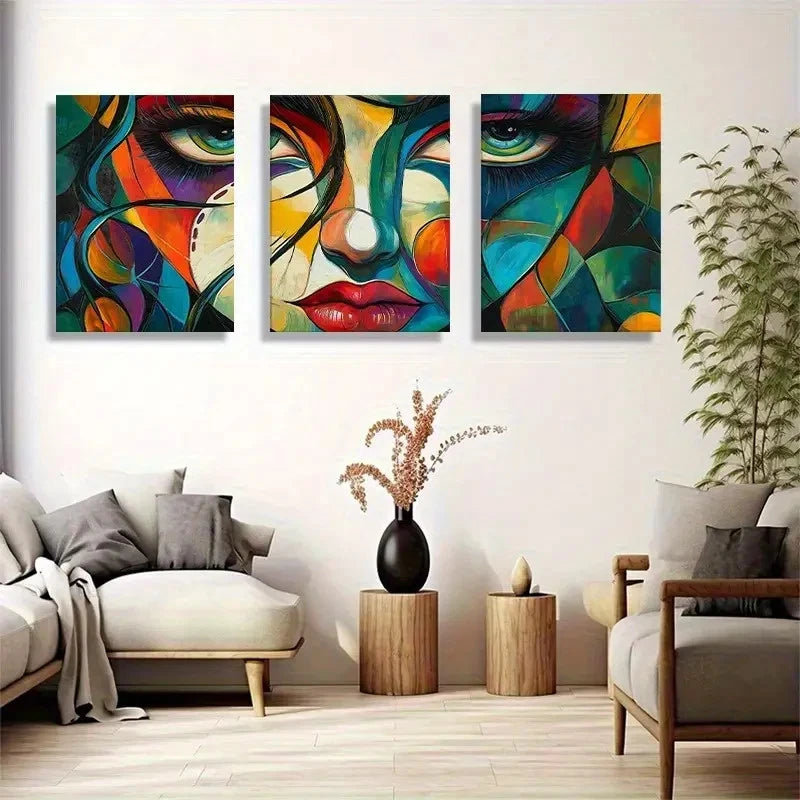 3pcs Vibrant Abstract Face Portraits Metal Print Ready to Hang Art - Bella Home Decor