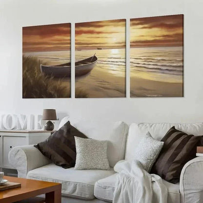 3pcs Ocean Seascape with Boat at Sunset Wall Art Canvas Unframed - High Quality Print 100% Australian Made Wall Canvas