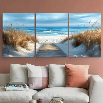 3pcs Wooden Walkway White Sandy Beach Seascape Metal Print Ready to Hang Art - Bella Home Decor
