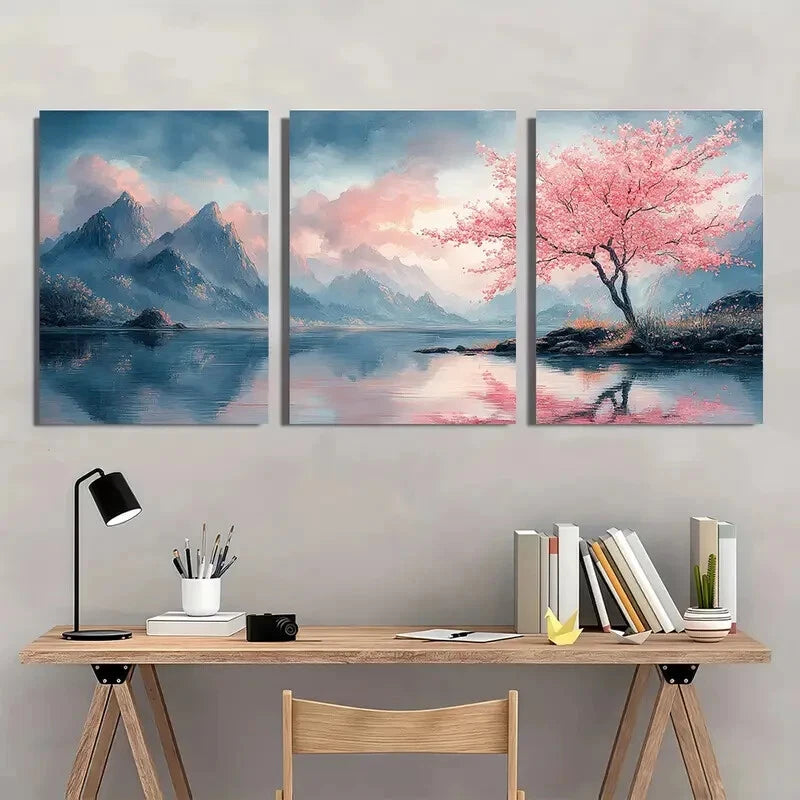 3pcs Tranquil Blossoming Cherry Tree Landscape Metal Print Ready to Hang Art - Bella Home Decor