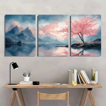 3pcs Tranquil Blossoming Cherry Tree Landscape Metal Print Ready to Hang Art - Bella Home Decor