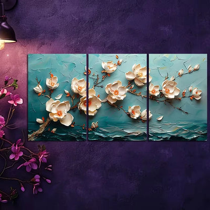 3pcs Texture of Magnolia Flowers Painting Wall Art Set Canvas Framed 50x70cm - High Quality Print 100% Australian Made Wall Canvas Ready to Hang
