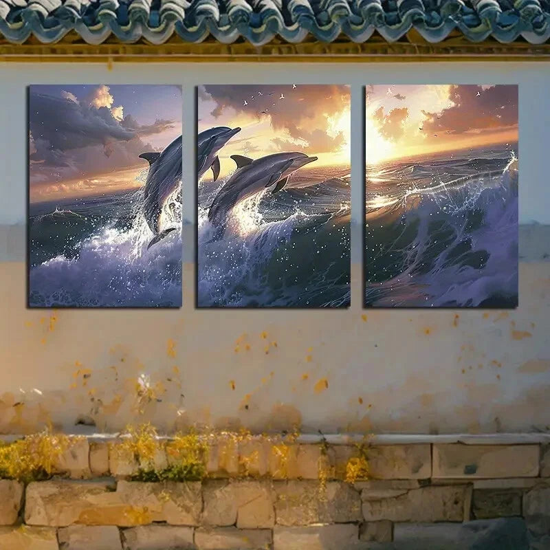 3pcs Vibrant Dolphin Ocean Sunset Scene Metal Print Ready to Hang Art - Bella Home Decor