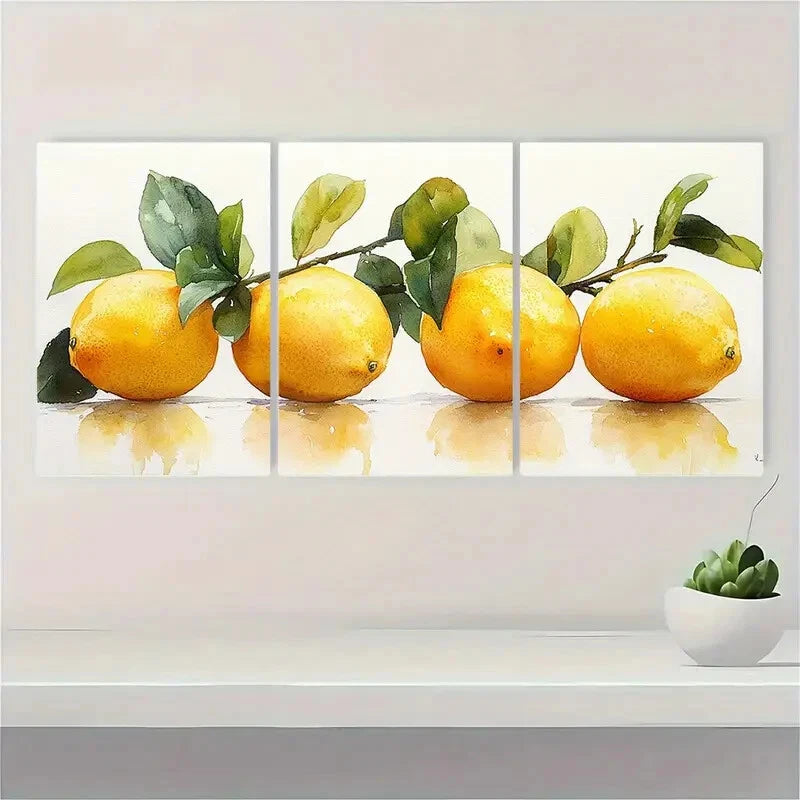 3pcs Lemon On Tree Branch Watercolor Painting Metal Print Ready to Hang Art - Bella Home Decor