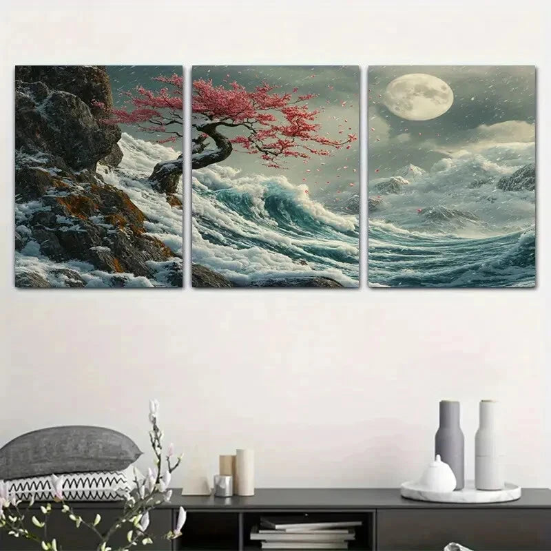 3pcs Modern Nature Full Moon Snowy Metal Print Ready to Hang Art - Bella Home Decor