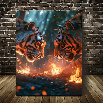 Vibrant Tiger Encounter Scene with Glowing Painting 40x60cm Metal Print Ready to Hang - Bella Home Decor