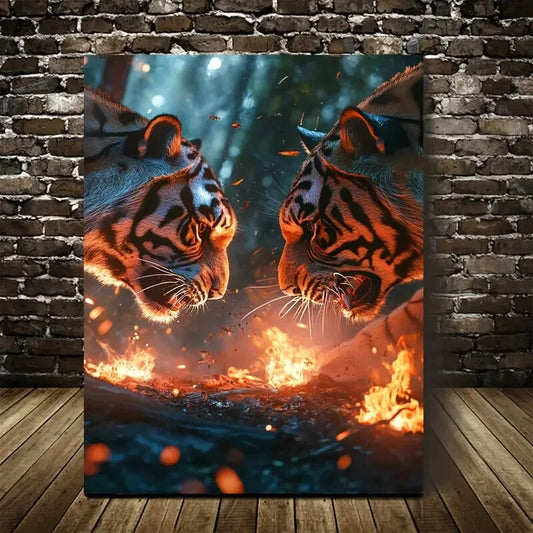 Vibrant Tiger Encounter Scene with Glowing Painting 40x60cm Metal Print Ready to Hang - Bella Home Decor