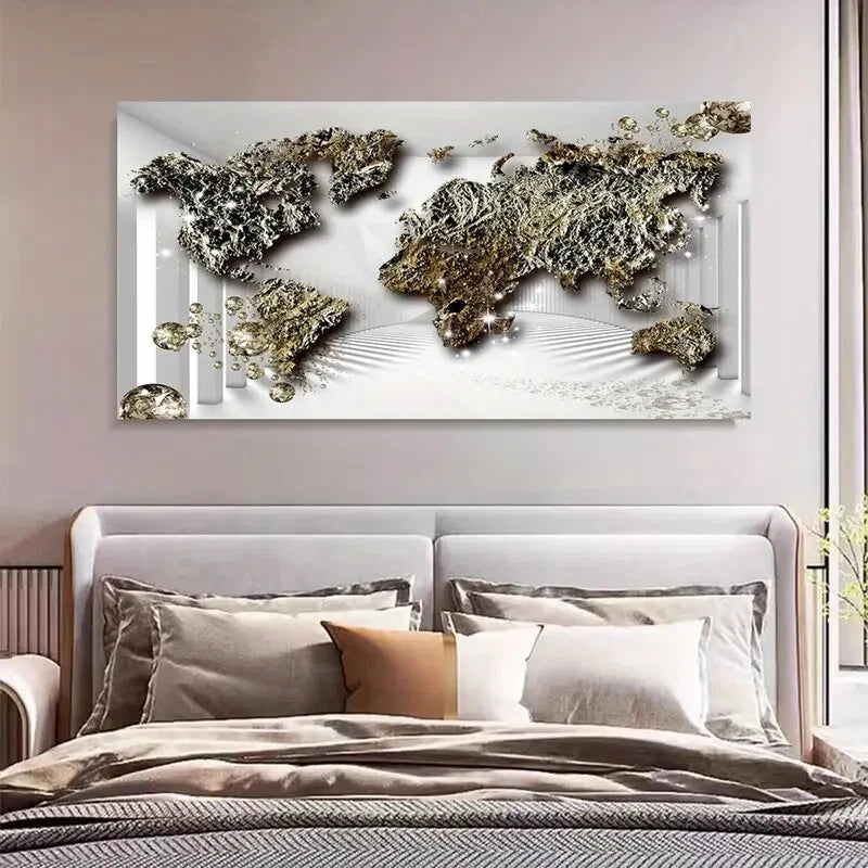 Golden World Map Modern Wall Art Canvas Office Home Room Framed 120x60cm - Bella Home Decor