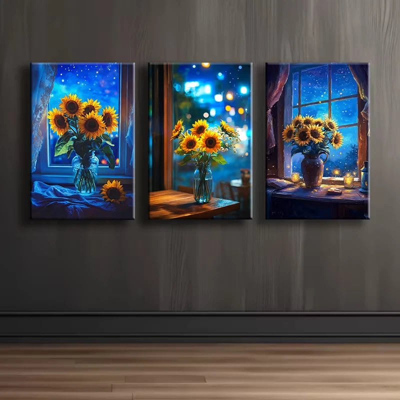 3pcs Sunflowers in a blue vase on a table Wall Art Set Canvas Framed 50x70cm - High Quality Print 100% Australian Made Wall Canvas Ready to Hang