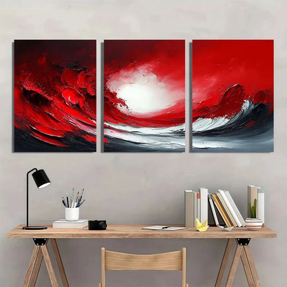 3pcs Red White Abstract Painting Metal Print Ready to Hang Art - Bella Home Decor
