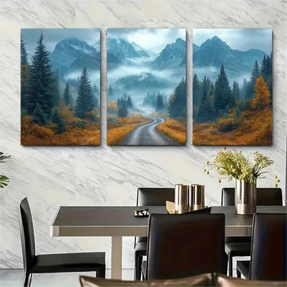 3pcs Winding Road Misty Rocky Mountains Perfect Wall Art Set Canvas Framed 60x90cm - High Quality Print 100% Australian Made Wall Canvas Ready to Hang