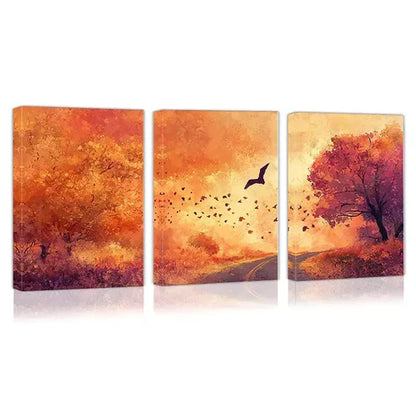 =3pcs Vibrant Autumn Path, Trees & Bats Scene Wall Art Set Canvas Framed 60x90cm - High Quality Print 100% Australian Made Wall Canvas Ready to Hang