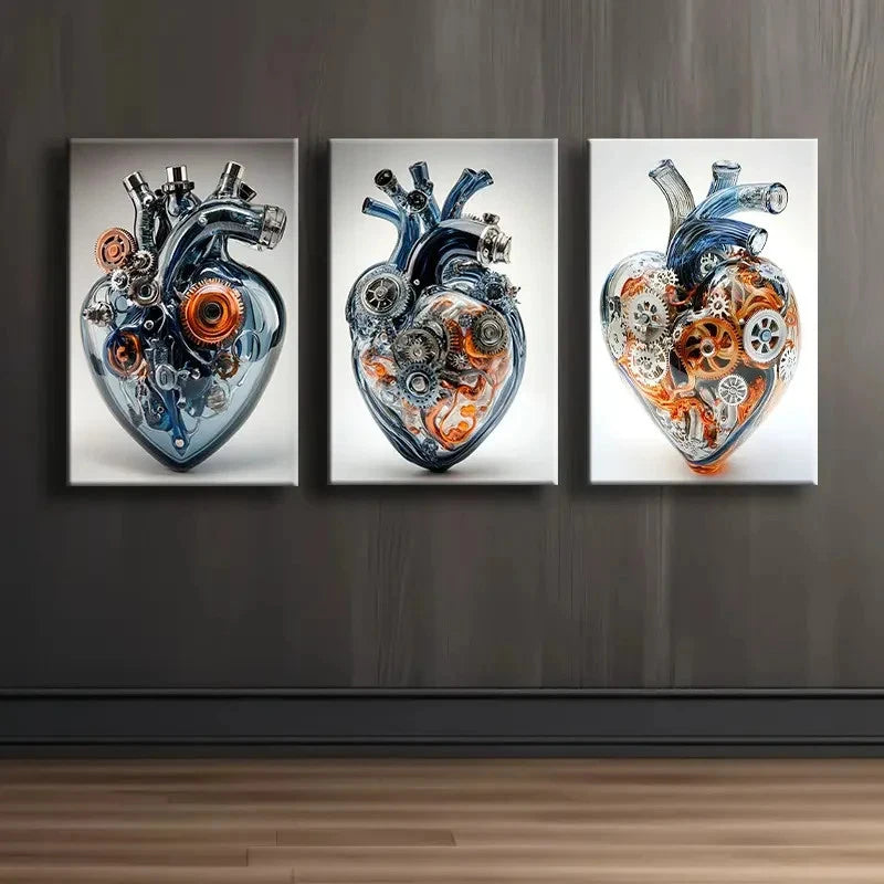 3pcs Mechanical Heart Art Wall Art Set Canvas Framed 60x90cm - High Quality Print 100% Australian Made Wall Canvas Ready to Hang