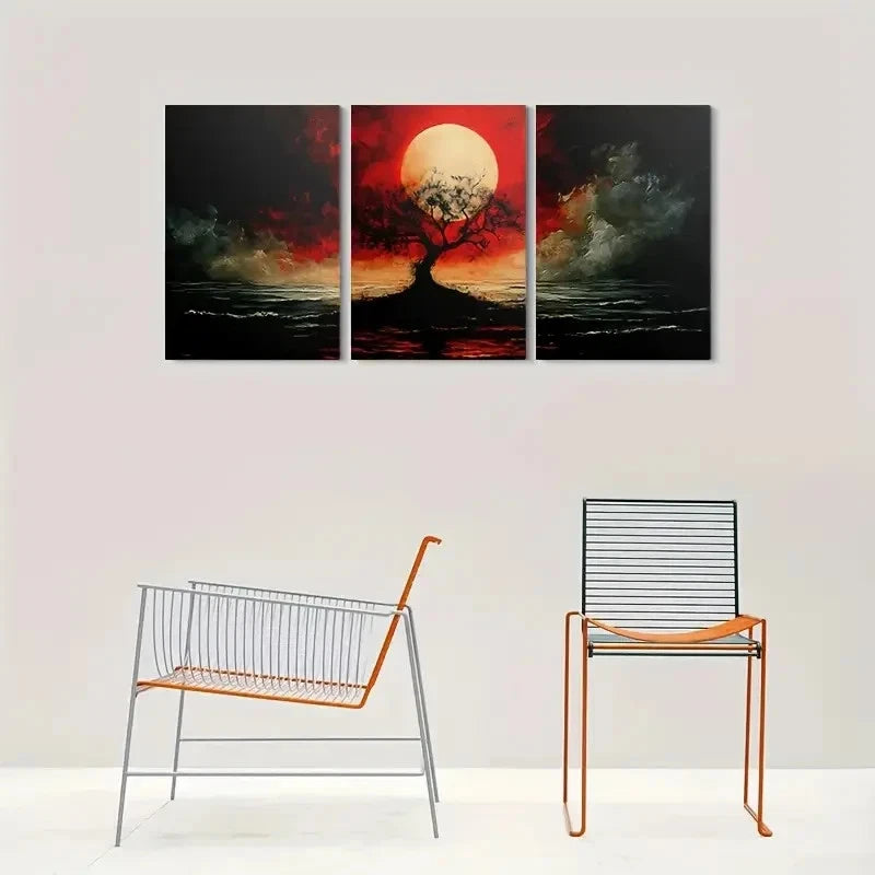 3pcs Golden Sunset Stormy Sky & Silhouette Tree Metal Print Ready to Hang Art - Bella Home Decor