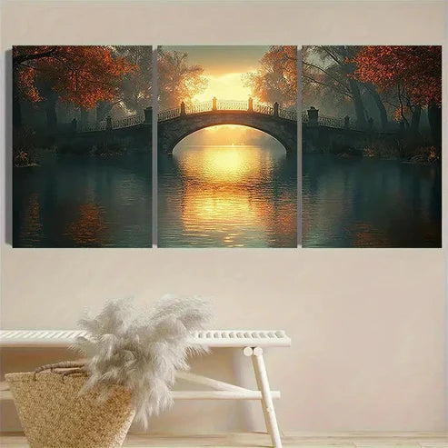 3pcs Autumnal Bridge Scenery Wall Art Canvas Unframed - High Quality Print 100% Australian Made Wall Canvas - Bella Home Decor