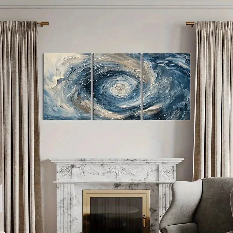 3pcs Abstract Swirl Art Blue White Palette Metal Print Ready to Hang Art - Bella Home Decor
