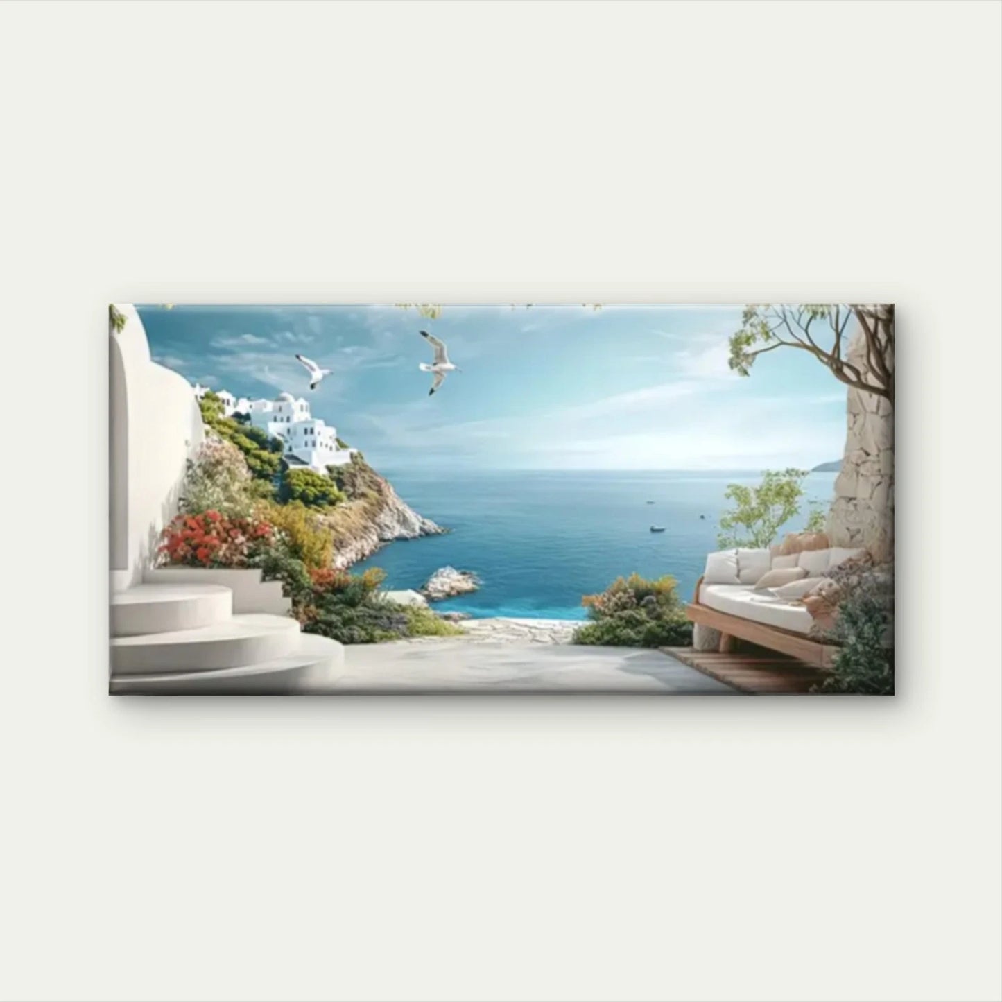 Serene Sea View White House Wall Art Canvas Office Home Room Framed 120x60cm