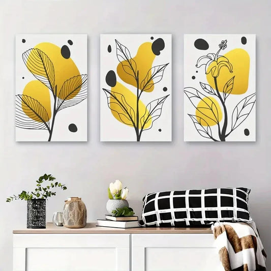 3pcs Modern Yellow and Black Botanical Metal Print Ready to Hang Art